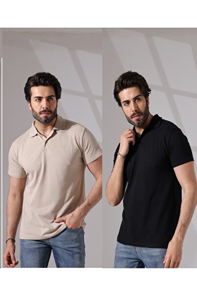 tynemode Μπλουζάκι με γιακά πόλο σε μπεζ-μαύρο Slim Fit 2 τεμαχίων