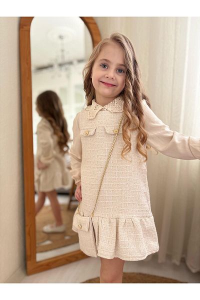 DUDOR KİDS Girl's Tweed Gilet Dress Lace Shirt and Bag-Holiday