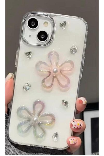 Go Aksesuar حافظة سيليكون مرنة متوافقة مع هاتف Iphone 13 - 14 و15 مع تصميم لعبة EPOXY 2 FLOWERS