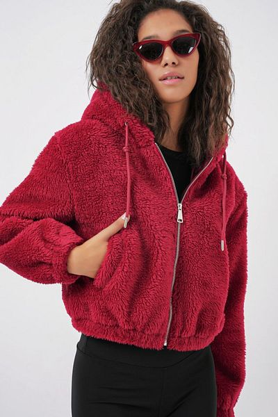 MRA Fashion 5193 Hooded Plush Crop Jacket - Claret Red