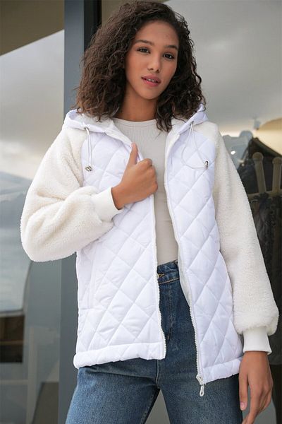 modaserdem 5201 Plush Quilted Coat with Sleeves - White