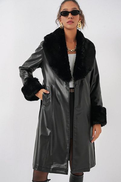 Kokosh moda 1045 Fur Faux Leather Coat - Black
