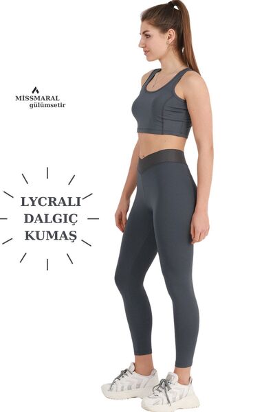 missmaral Kadın Yüksek Bel Antrasit Bilek Boy Tayt Özel Üretim Çapraz Kemer Cross Waist 1011