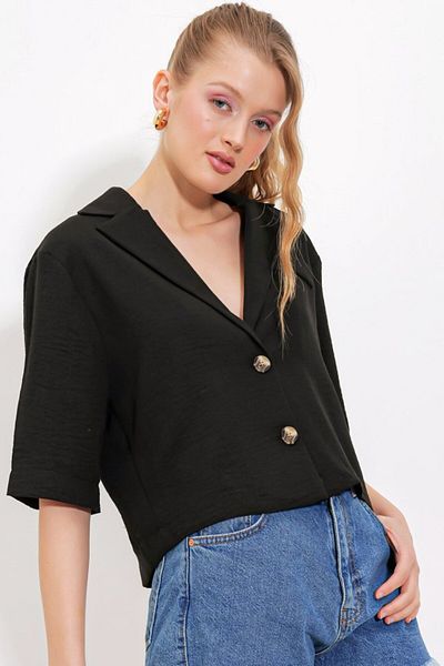 modaserdem Black Double Button Oversize Crop Linen Jacket 0706