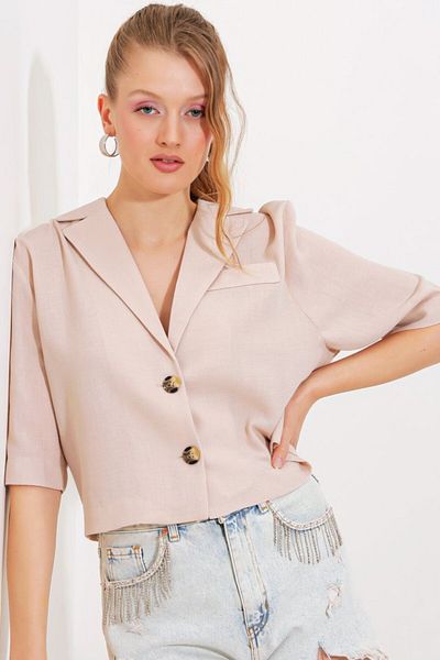 modaserdem Cream Double Button Oversize Crop Linen Jacket 0706