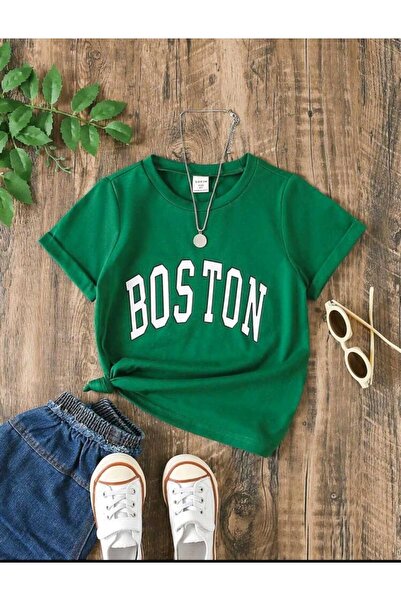 FAVORİST Çocuk Boston Baskılı Bisiklet Yaka Pamuklu T-shirt