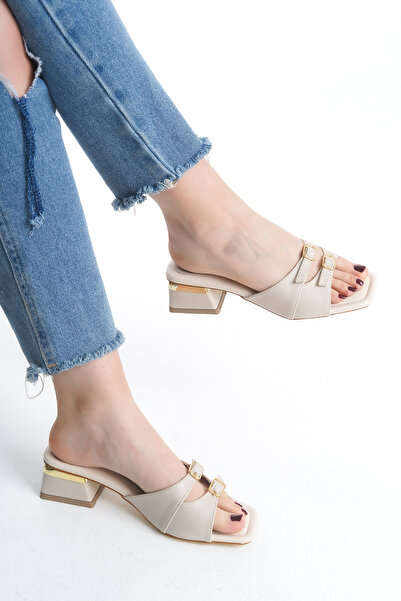 Limeo Low Heeled Double Strap Gold Buckle Detailed Women's Cream Evening Dress Slippers Sandals