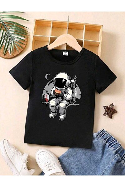 FAVORİST Dete astronaut sedi na Mesecu Štampano okrugla kragna Pamuk lu T-shirt
