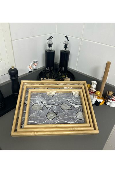 Modern shop Bamboo tray set of 3 different sizes with wooden base, silver color
