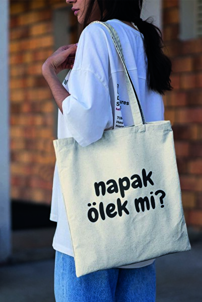 qoeuyl boutique Napak Ölek Mi Komik Сувенірна сумка з принтом, 100% бавовна, бежева