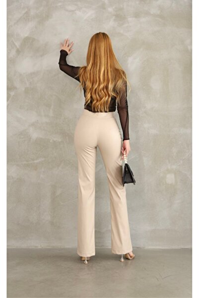 GALAVİP Kadın Krem Deri Palazzo Pantolon Beli Latıkli