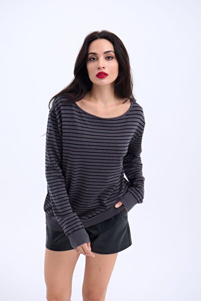 SGM BUTİK 4215 Knitwear Striped Sanding Sweater-Anthracite-Black