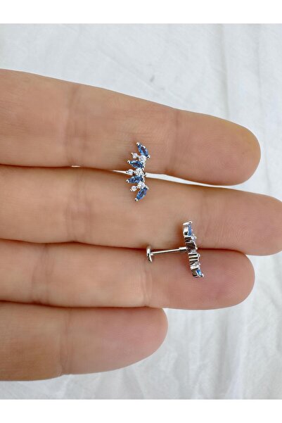 Arescollection ÇELİK BARLI MAVİ ZİRKON TAŞLI ARKASI DÜZ HELİX CONCH UYUMLU 1 ADET PİERCİNG