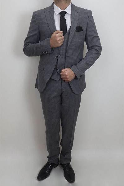 DUAYEN Fistan Store Men's Grey Patterned Italian Cut Slim Fit Single Button Vest Suit