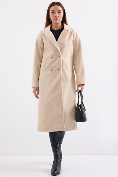 modaserdem Cream Oversize Wide Cut Woolen Long Eyebrow Coat 9113