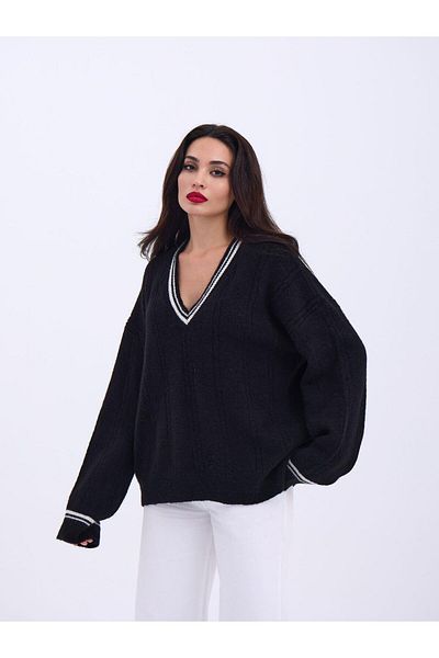modaserdem 43291 Knitwear V-Neck Striped Sweater-Black-Ecru