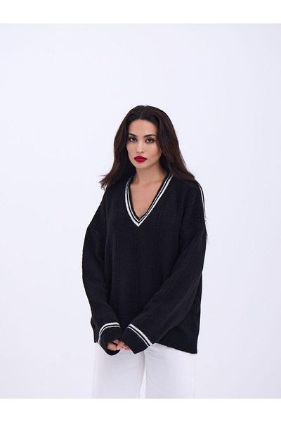 modaserdem 43291 Knitwear V-Neck Striped Sweater-Black-Ecru