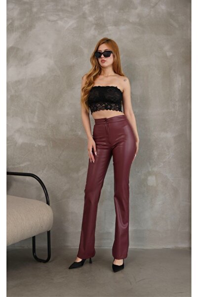 GALAVİP Kadın Bordo Deri Palazzo Pantolon Beli Latıkli