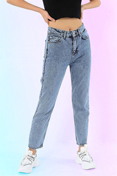 WODDİ Sascha Kar Mavi Mom Jeans Παντελόνι τζιν με ψηλή μέση από Lycra