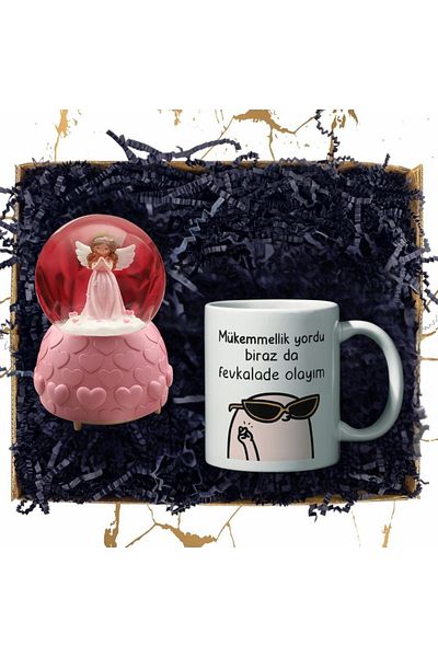 rk tasarım Pink Mini Fairy Lighted Snow Globe & Fun Special Design Printed Mug Cup