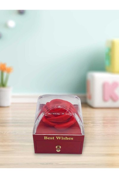 Kalpsemo Red Artificial Rose Jewelry Box with Clear Lid, Drawer, Gift Box (Ex...