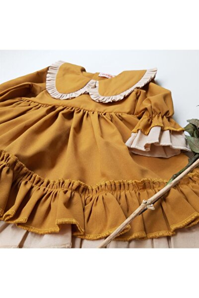 ikokokids Hardal Kız Bebek Bebe Yaka Fırfırlı Elbise