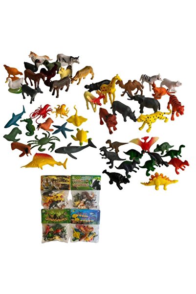 FEN TOYS 4'lü Mini Hayvan Seti 48 Parça Dinozorlar, Vahşi Hayvanlar, Deniz Ha...