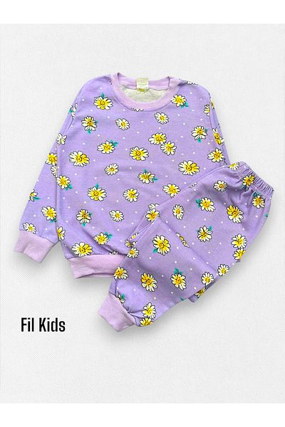 Fil Kids Пижамен комплект с дълъг ръкав и мотиви от 100% памук за момиче в лилаво и с маргаритки