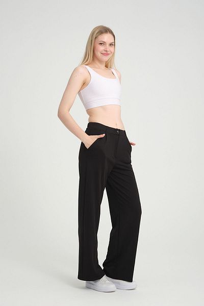 ZERTEX Women's Black Double Pocket Ligra Belt Rubber Detailed Zippered High Waist Crepe Style Pants.