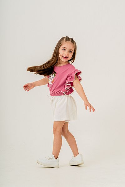 Pasur Bebe White Linen Shorts - Girl's Single Jersey Crop Suit with Lace Sleeves