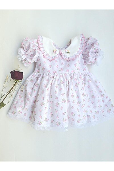 ikokokids Pembe Çiçek Detaylı Bebe Yaka Elbise