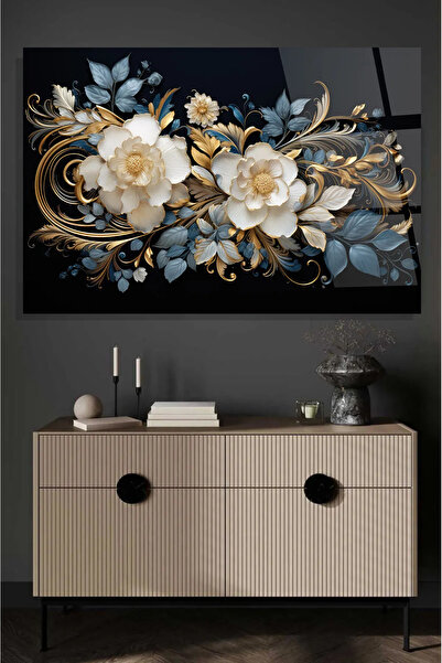 TAULART DIZAJN SLIKE CVETA SA ZLATNIM DETALJIMA, STOL OD NELOMIVOG STAKLA VIS...