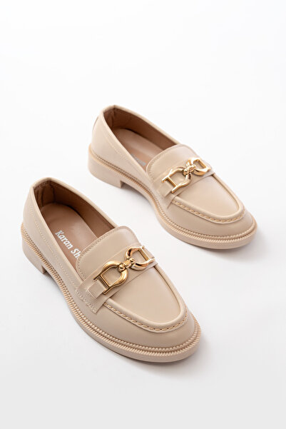 Merve İzmirli Kadın Loafer Altın Rengi Yuvarlak Tokalı Krem İnce Topuklu Hafif Şık Günlük Ayakkabı