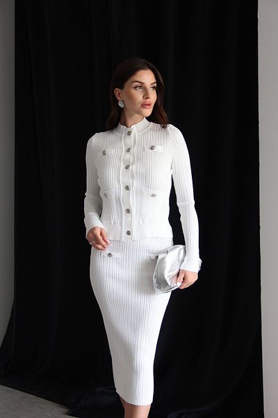 Julidress White Crew Neck Button Detailed Corded Cardigan Skirt Bottom Top Premium Knitwear Set