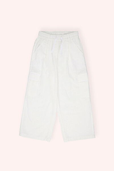 Panço Kız Çocuk Beli Lastikli Bol Paça Ekru Pantolon