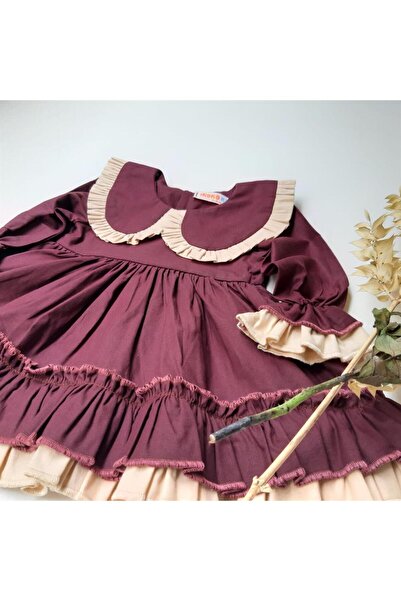 ikokokids Hardal Kız Bebek Bebe Yaka Fırfırlı Elbise