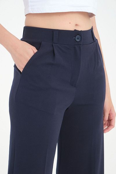 ZERTEX Navy Blue Women'sPalazzoTrousers -OversizeCut, High Waist Belt and Rubber Detailed Crepe