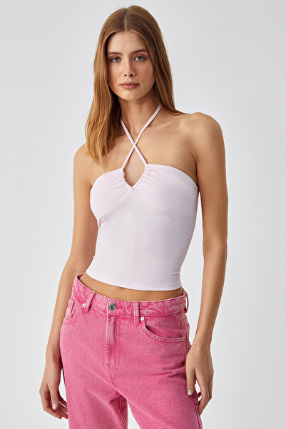 ETHIQUET Urici Women's Slim Hanging Neck Lace-Up Slim Short Pink Bustier