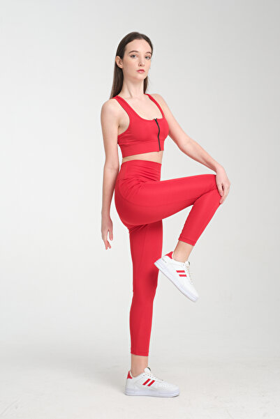 ZERTEX kırmızı  Kadın Spor Tayt Çift Cepli Sıkılaştırıcı Toparlayıcı Sporcu Taytı Leggings