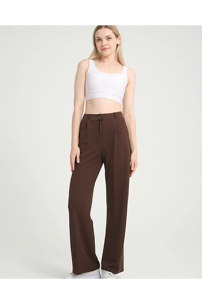 ZERTEX Women's Brown Color Double Pocket Lycra Belt Elastic Detailed Zippered High Waist Crepe Style Trousers.