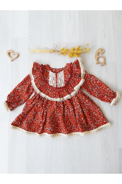 ikokokids Hardal Çiçekli Dantel Detaylı Elbise