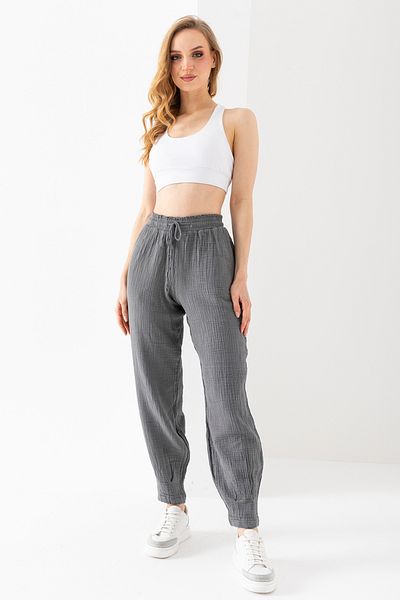 EtkiModa 100% Organic Cotton Women's Black Muslin Fabric Cuffed Authentic Baggy Trousers