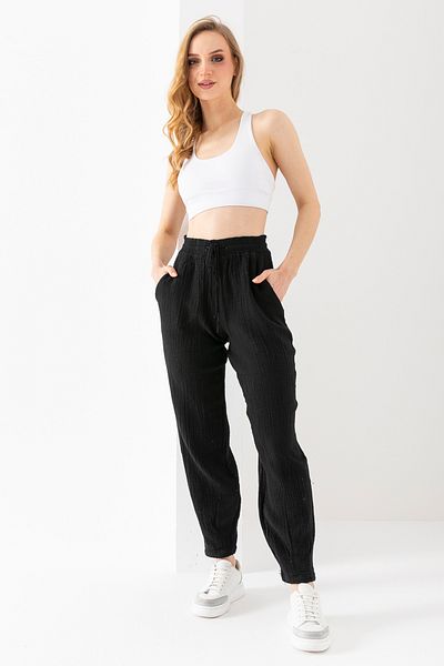 EtkiModa 100% Organic Cotton Women's Black Muslin Fabric Cuffed Authentic Baggy Trousers