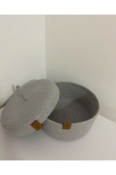 Sevdam Sepet Gray Small Size Multi-Purpose Basket with Lid, Decorative Basket, Cotton Rope, Cord Rope