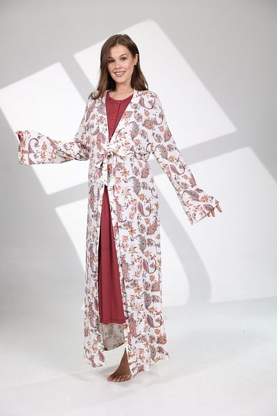 Lohussa Women's Burgundy Patterned Special Design 100% Cotton Maternity Maternity Dressing Gown Nightgown Set