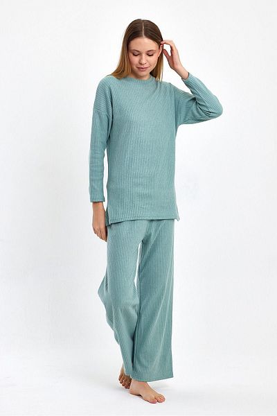 Oyga Γυναικείο Aqua Green Άνετο Oversize Mold Interlock Χοντρό χειμωνιάτικο ύφασμα Casual Σετ πιτζάμες για το σπίτι