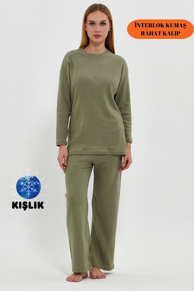 Oyga Women's A.Khaki Oversize Interlock Pajamas Set - Comfortable Fit, Ribbed...
