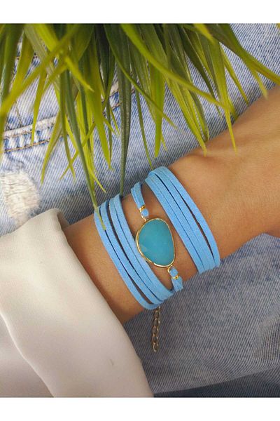 ZeynDesign Natural Aquamarine Suede Wrap Bracelet