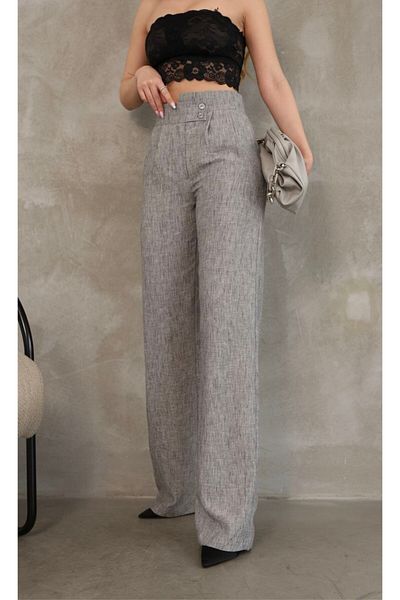 GALAVİP Women's New Year Gray Double Button Pleated Linen Fabric Palazzo Pants