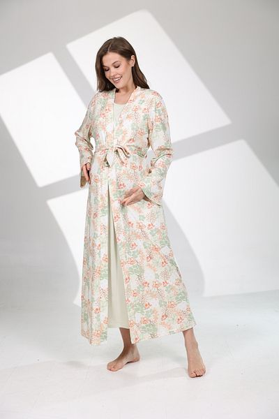 Lohussa Women's Water Green Patterned Special Design 100% Cotton Maternity Maternity Dressing Gown Nightgown Set
